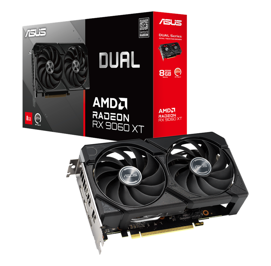 ASUS Radeon RX 9060 XT Dual grafikkort med sort dobbeltblæser-køler
