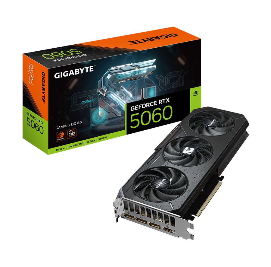 Gigabyte GeForce RTX 5060 Gaming OC grafikkort set skråt forfra